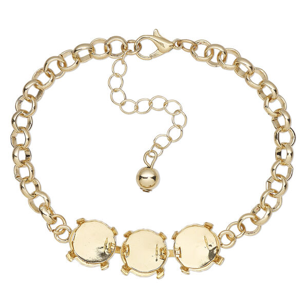 Bracelet, gold-finished brass, 12mm wide cupchain with (3) 12mm 4-prong rivoli settings and 6mm rolo, 7 inches with 2-inch extender chain and lobster claw clasp. Sold individually. image number 0