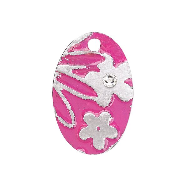 Circle of Hope focal, aluminum, pink and clear, 29x19mm flat oval with rhinestone. Only one available. image number 0