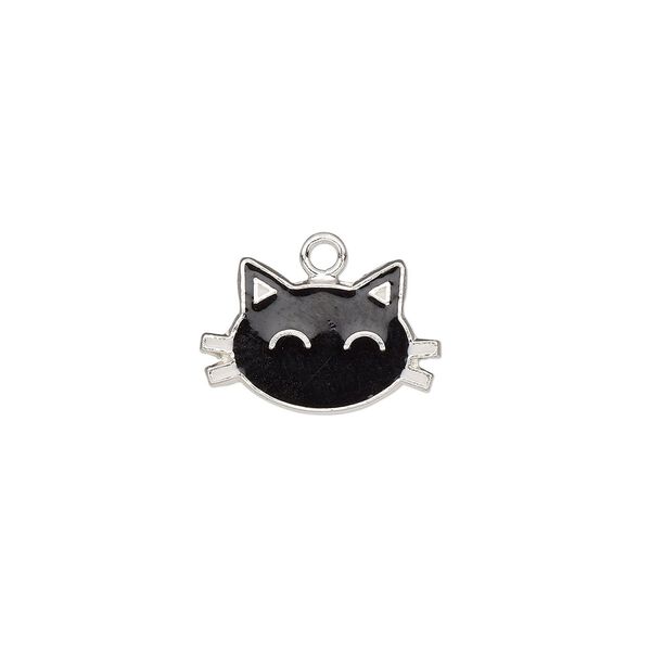 Charm, enamel and sterling silver, black and white, 14x9mm single-sided cat face. Sold individually. image number 0