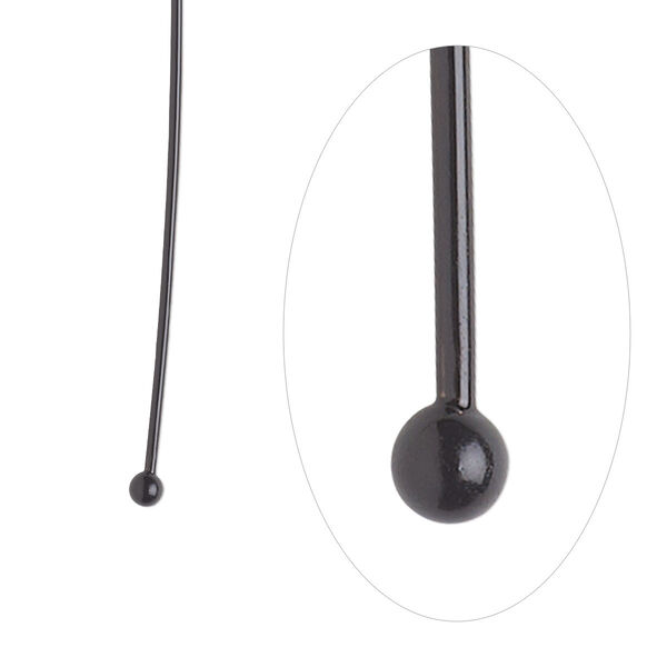 Head pin, electro-coated brass, black, 2 inches with 2mm ball, 21 gauge. Sold per pkg of 10. image number 0