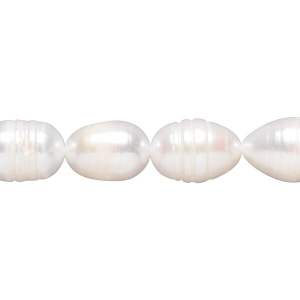 Pearl, cultured freshwater (bleached), white, 9-11mm rice, D- grade, Mohs hardness 2-1/2 to 4. Sold per 14-inch strand. image number 0
