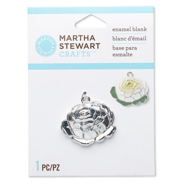 Charm, silver-finished "pewter" (zinc-based alloy), 28x26mm cabbage rose enamel blank. Sold individually. image number 0