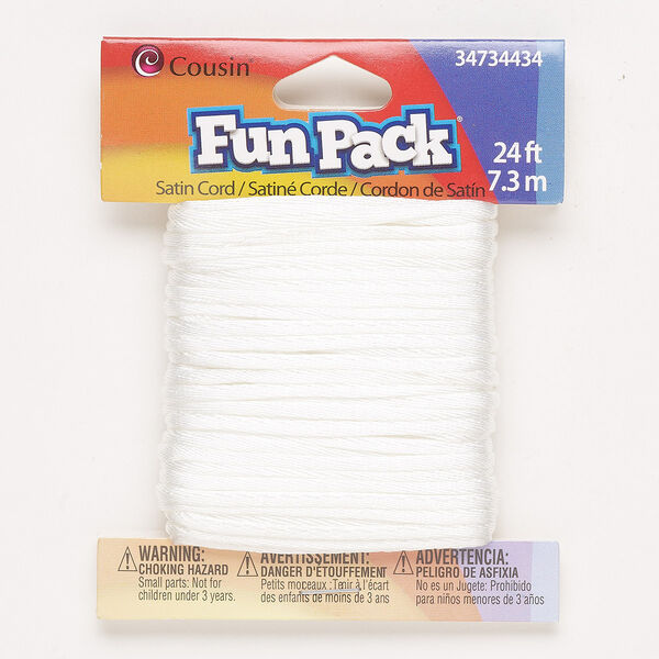 Cord, satin, white, 2mm round. Sold per 24-foot pkg. image number 0