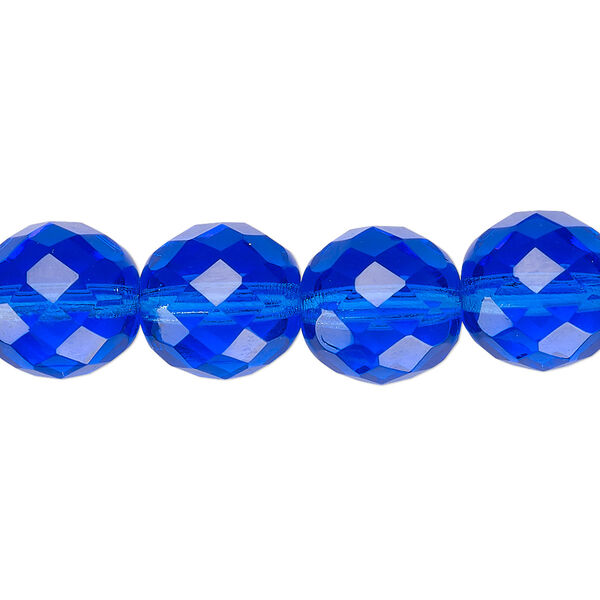 Bead, Czech fire-polished glass, pkg/15-1/2 to 16 inches, 12mm faceted round, transparent light cobalt, (30060). image number 0