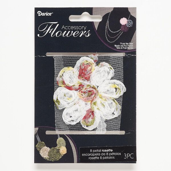 Sew-on component, fabric, white and multicolored, 2-1/2 to 2-3/4 inch flower with floral design. Sold per pkg of 3. image number 0