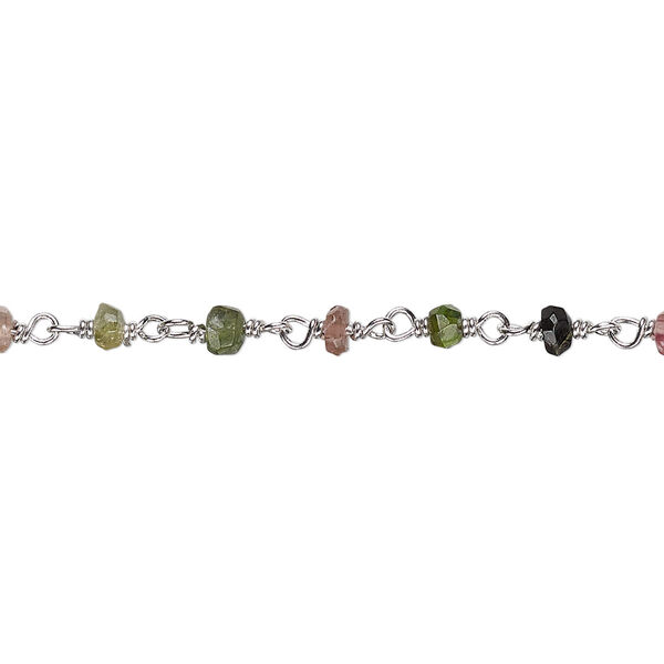 Chain, multi-tourmaline (natural) and rhodium-plated sterling silver, 3.5x2mm-4x2.5mm hand-cut faceted beaded rondelle. Sold per 36-inch strand. image number 0