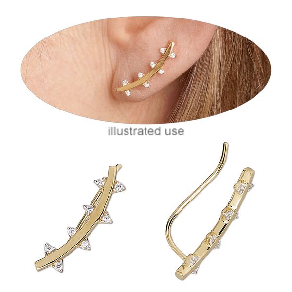 Earring, Create Compliments®, cubic zirconia and gold-finished sterling silver, clear, 21.5x6.5mm thorns ear climber with fishhook ear wire, 20 gauge. Sold per pair. image number 0