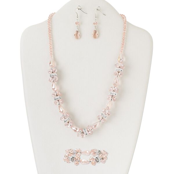 Necklace, bracelet and earring set, silver-finished "pewter" (zinc-based alloy) / brass / steel / silver-colored plastic / glass, pink with AB finish, rosebud and 12x8mm faceted rondelle, 22 inches with tab clasp, 7-1/2 inch stretch bracelet, 1-3/8 inch earrings with fishhook ear wire. Sold per set. image number 0