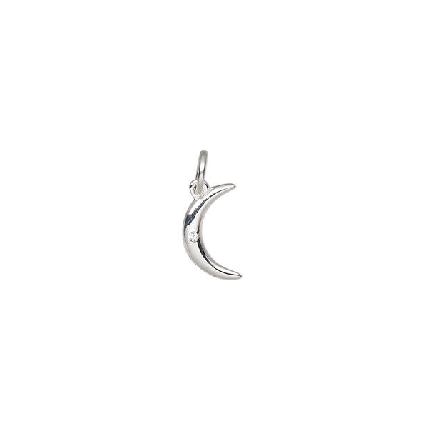 Charm, sterling silver and cubic zirconia, clear, 10x6mm single-sided moon, Sold Individually. image number 0