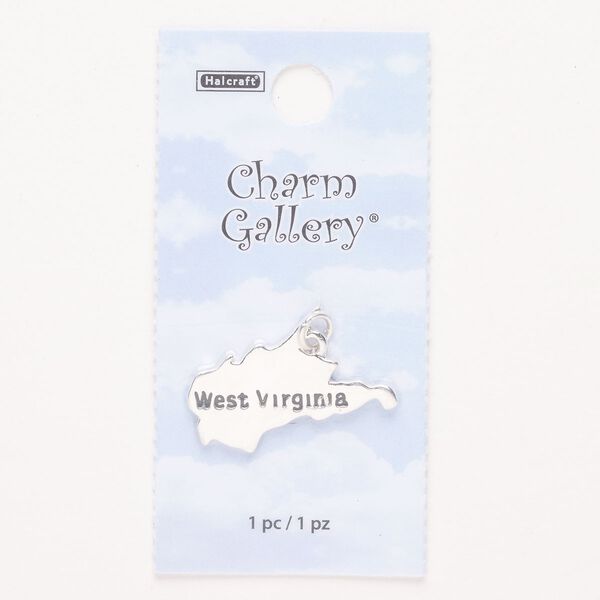 Charm, steel and enamel, pkg/1, silver finish and black, 27x18mm with "West Virginia." image number 0