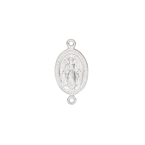 Link, sterling silver, 14x10mm two-sided flat oval with Virgin Mary. Sold individually. image number 0
