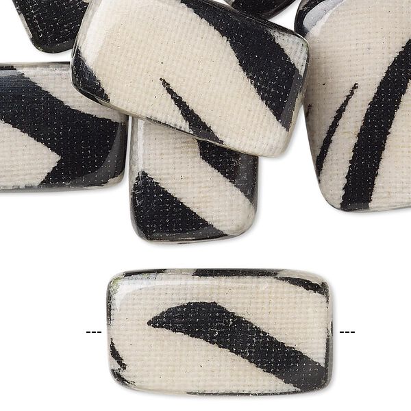 Bead, wood / cotton / acrylic, black and cream, 24x14mm double-sided flat rectangle with zebra stripe pattern. Sold per pkg of 8. image number 0