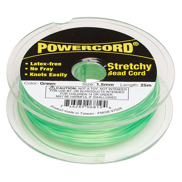 Cord, Powercord®, elastic, green, 1.5mm, 22-pound test. Sold per 25-meter spool. image number 0