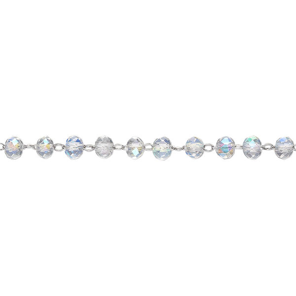 Chain, glass and stainless steel, clear AB, 3.5mm faceted rondelle. Sold per pkg of 1 yard. image number 0