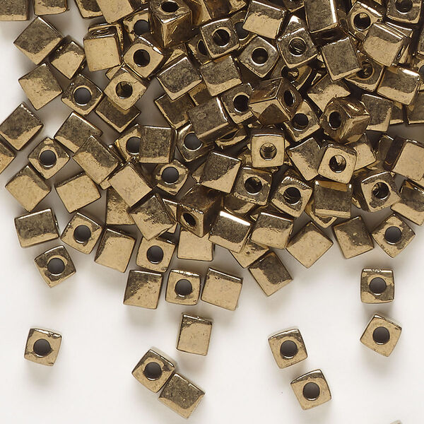 Seed bead, Miyuki, glass, pkg/250g, 3.5-3.7mm square, opaque metallic dark gold (SB-457). image number 0