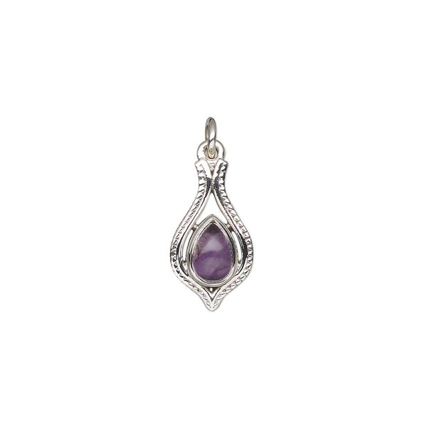 Amethyst / sterling silver 1pkg1, open beaded teardrop drop natural antiqued 15x9mm image number 0