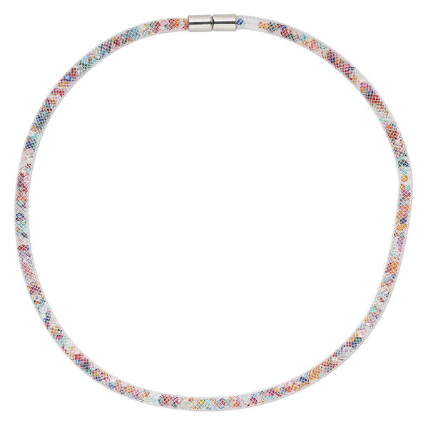 Necklace, nylon / acrylic / imitation rhodium-finished "pewter" (zinc-based alloy), white and rainbow, 4mm wide mesh, 18 inches with magnetic clasp. Sold individually. image number 0