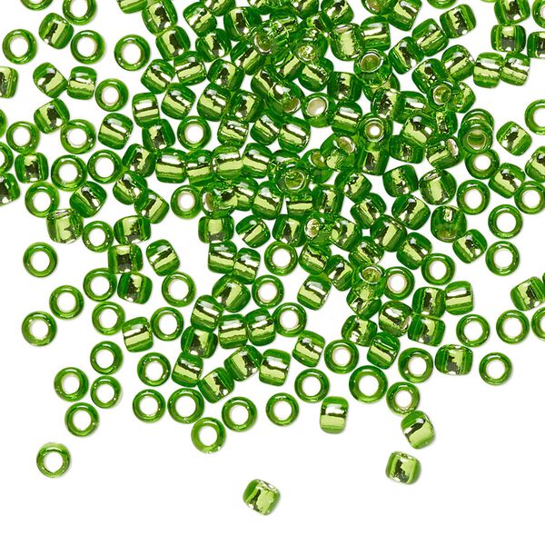 Seed bead, TOHO BEADS®, glass, pkg/50g, #8 round, transparent silver-lined peridot (TR-08-27). image number 0