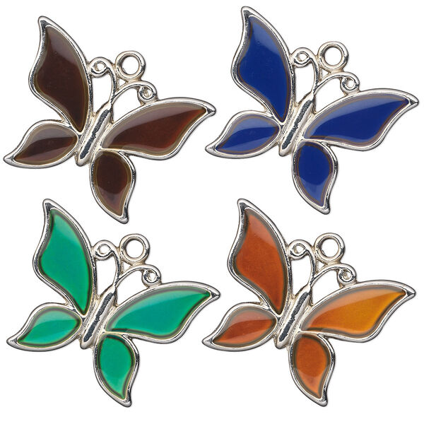 Focal, acrylic and imitation rhodium-finished "pewter" (zinc-based alloy), multicolored, 30x21mm color-changing single-sided butterfly. Sold per pkg of 2. image number 0