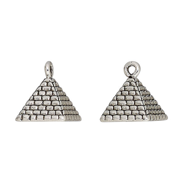 Charm, antique silver-plated pewter (tin-based alloy), 12.5x10mm 3D pyramid. Sold per pkg of 2. image number 0