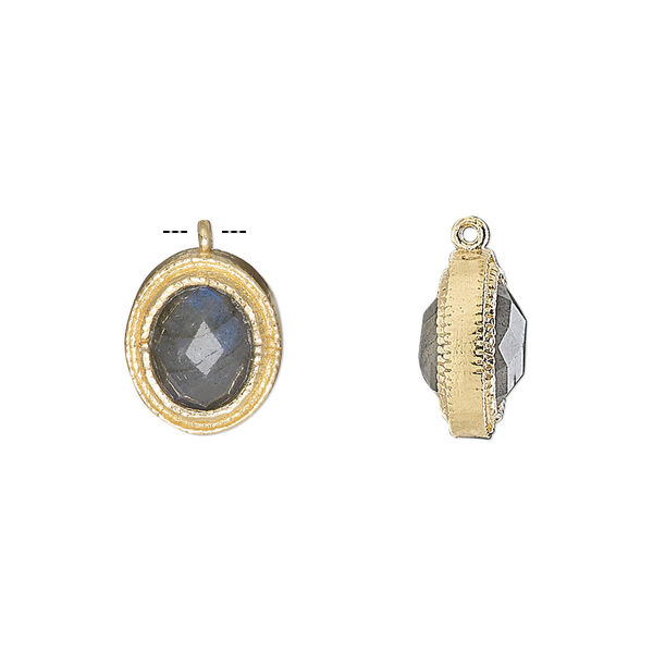 Drop, labradorite (natural) and gold-finished sterling silver, 13x11mm double-sided faceted oval. Sold individually. image number 0
