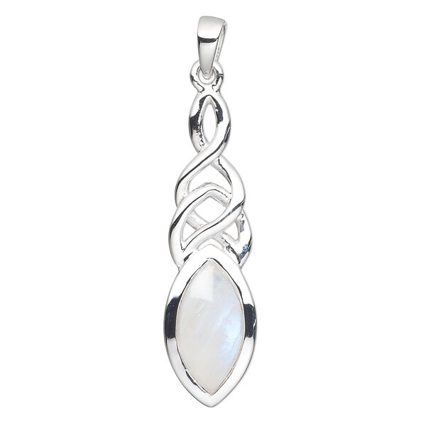 Pendant, rainbow moonstone (natural) and sterling silver, 37mm with 14x7mm marquise. Sold individually. image number 0