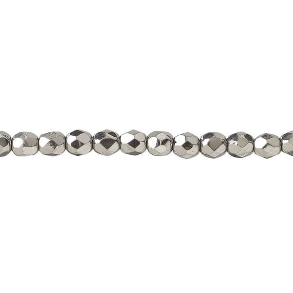 Bead, fire-polished, metallic grey glass, opaque clear, 4mm faceted round. Sold per 1 mass, approximately 1,200 beads. image number 0