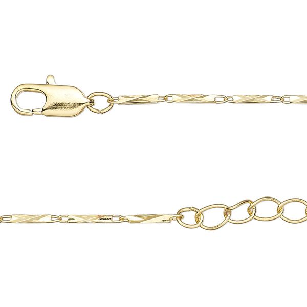 Chain, gold-finished brass, 7x1.5mm diamond-cut rectangle tube, 16 inches with 1-1/4 inch extender chain and lobster claw clasp. Sold individually. image number 0
