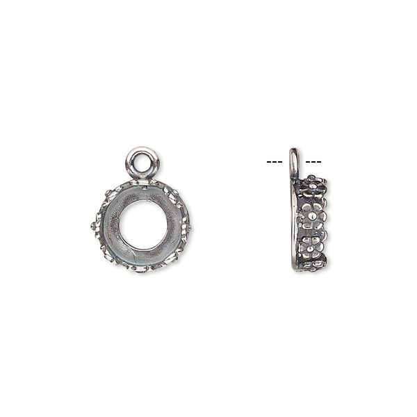 Drop, JBB Findings, antique silver-plated brass, 10mm round with open back and flower design trim, 8mm round bezel setting. Sold per pkg of 2. image number 0