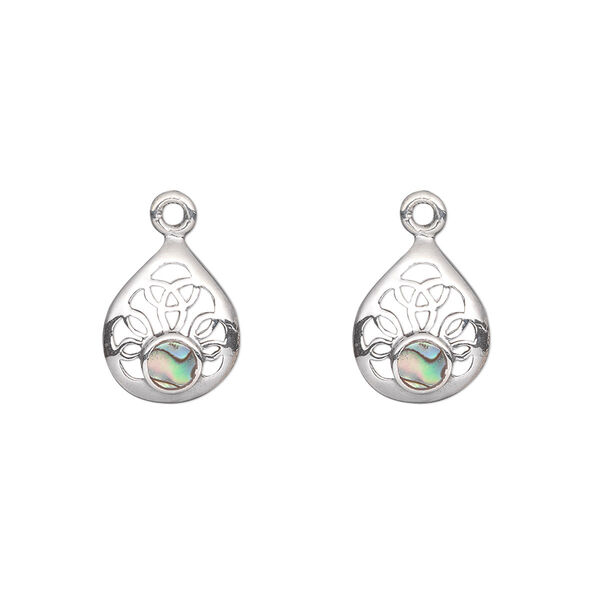 Drop, sterling silver and abalone shell (natural), 12x10mm filigree teardrop. Sold per pkg of 2. image number 0