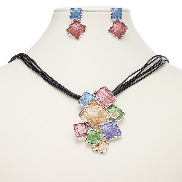 Necklace and earring set, 5-strand, enamel / leather (dyed) / imitation rhodium-finished brass / "pewter" (zinc-based alloy), multicolored, 2-3/4 x 1-3/4 inch squares, 18-inch necklace with 2-inch extender chain and lobster claw clasp, 32mm earrings with post. Sold per set. image number 0