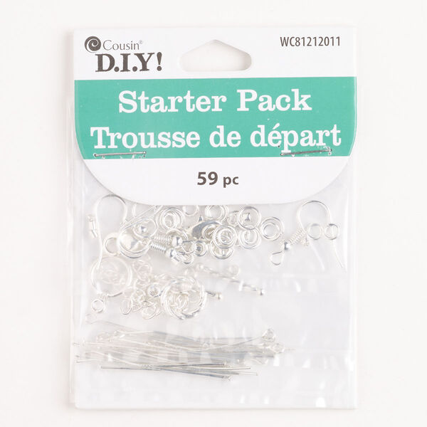 Finding and chain starter kit assortment, brass and steel, pkg/1, silver finish, mixed sizes and shapes. image number 0