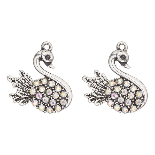 Charm, antique silver-finished "pewter" (zinc-based alloy) and glass, black and clear AB , 26x24mm single-sided swan. Sold per pkg of 2. image number 0