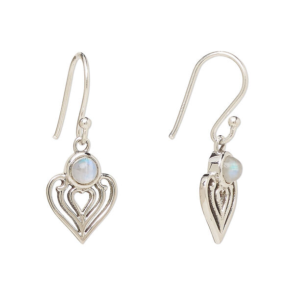 Ear wire, Create Compliments®, antiqued sterling silver and rainbow moonstone (natural), fishhook, 28.5mm with 15x9mm single-sided heart, 21 gauge. Sold per pair. image number 0