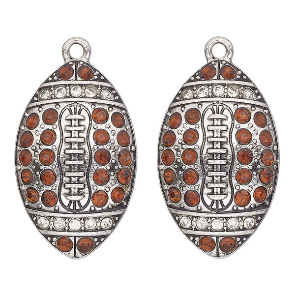 Focal, antique silver-finished "pewter" (zinc-based alloy) and glass, brown, 30x18mm single-sided football. Sold per pkg of 2. image number 0