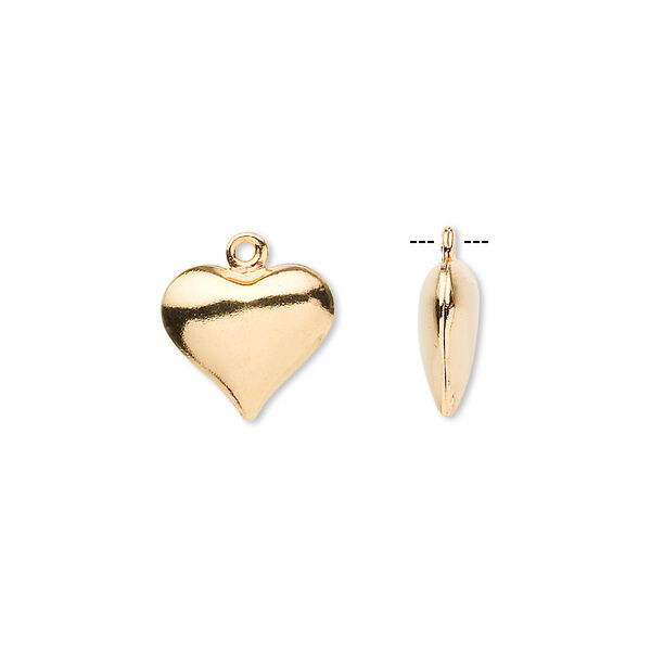 Charm, gold-plated brass, 12x11mm double-sided puffed heart. Sold per pkg of 100. image number 0