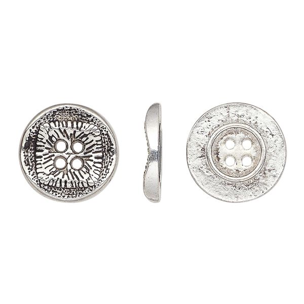 Button, antiqued silver-finished "pewter" (zinc-based alloy), 15mm single-sided wavy flat round with textured square design. Sold per pkg of 20. image number 0