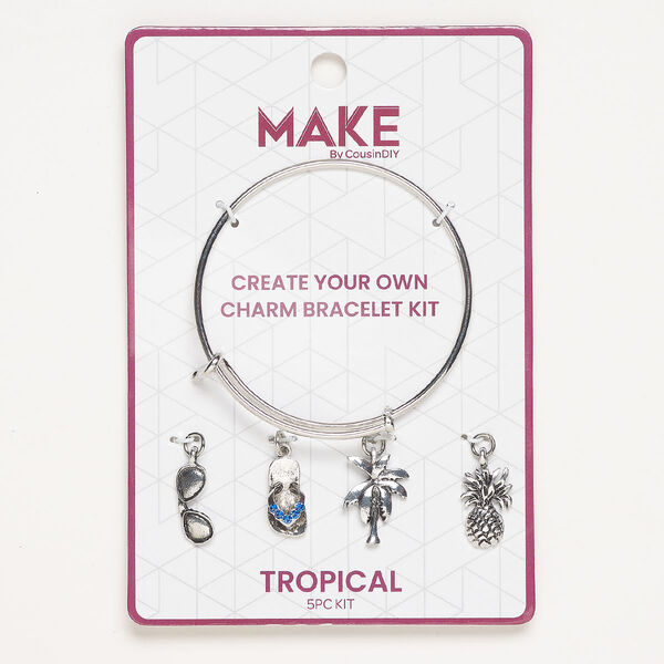 Bracelet and charm set, brass/enamel/glass, pkg/1, silver finish and blue, 7-1/2 inch bangle and 19x7mm-21x15mm mixed charms. image number 0