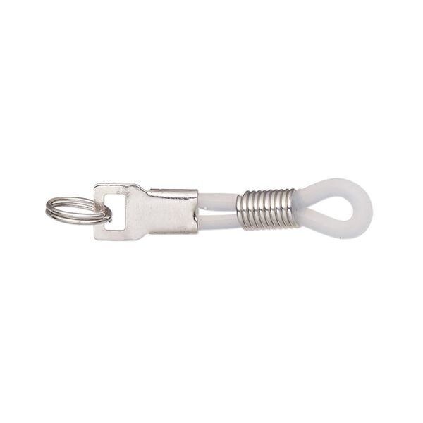 Eyeglass holder, rubber and imitation rhodium-finished steel, clear, 30x6mm with adjustable coil and 7mm slit ring. Sold per pkg of 20. image number 0