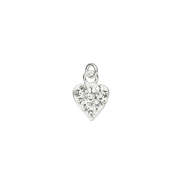 Charm, crystal / epoxy / sterling silver, clear and white, 7.5x7mm single-sided heart with 3mm closed jump ring. Sold individually. image number 0