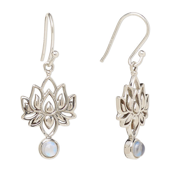 Ear wire, Create Compliments®, antiqued sterling silver and rainbow moonstone (natural), fishhook, 37.5mm with 22.5 x 14.5mm single-sided lotus, 21 gauge. Sold per pair. image number 0