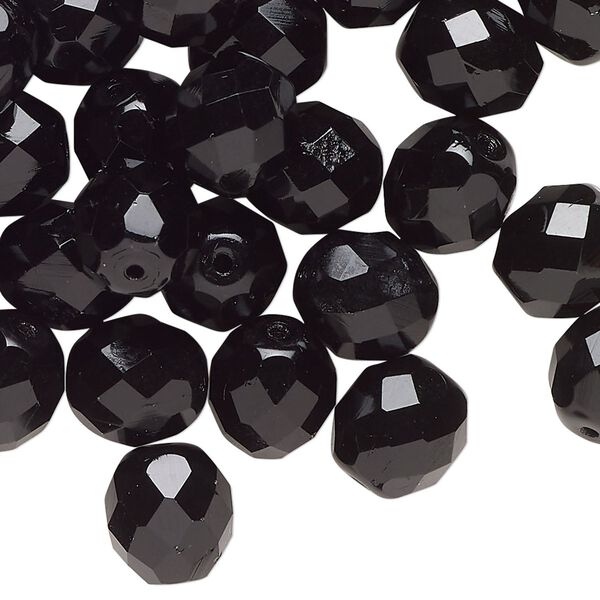 Bead, Czech fire-polished glass, opaque black, 10mm faceted round. Sold per 2-ounce pkg, approximately 47 beads. image number 0