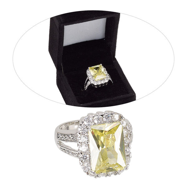 Ring, cubic zirconia and rhodium-finished brass, peridot green and clear, 19mm rounded rectangle with cutout design, size 8. Sold individually. image number 0