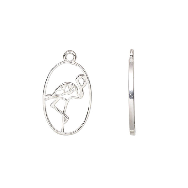 Charm Amoracast® 1pkg1 sterling silver, 15x10mm 2-sided open flamingo oval image number 0