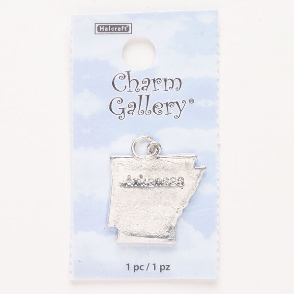 Charm, steel and enamel, pkg/1, silver finish and black, 23x21mm with "Arkansas." image number 0