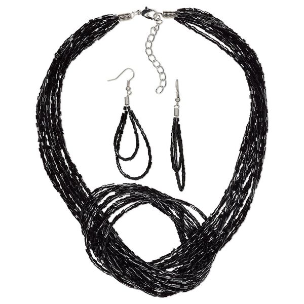 Necklace and earring set, Everyday Jewelry,  imitation rhodium-plated-steel and glass, black, 16-inches with 2-inch extender chain, 3-inch earrings with fishhook ear wires, 19 gauge. Sold per set. image number 0