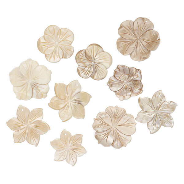 Focal and component mix, mother-of-pearl shell (dyed), beige and tan, 24-35mm hand-carved flower, Mohs hardness 3-1/2. Sold per pkg of 10. image number 0