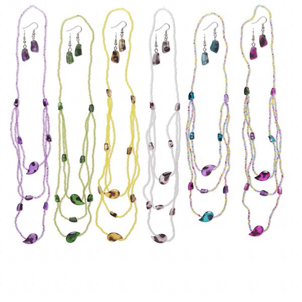 Necklace and earring mix, stretch, acrylic and imitation rhodium-finished steel, spring colors, medium nugget, 14-inch continuous loop, 1-1/4 inch earrings with fishhook ear wire. Sold per pkg of 12 sets. image number 0