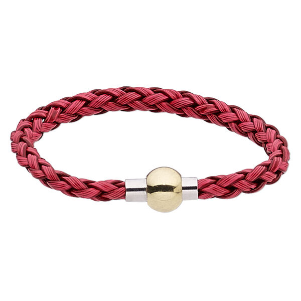 Bracelet, imitation leather with gold- and silver-finished "pewter" (zinc-based alloy), red, 6mm wide braided round, 7 inches with magnetic clasp. Sold individually. image number 0