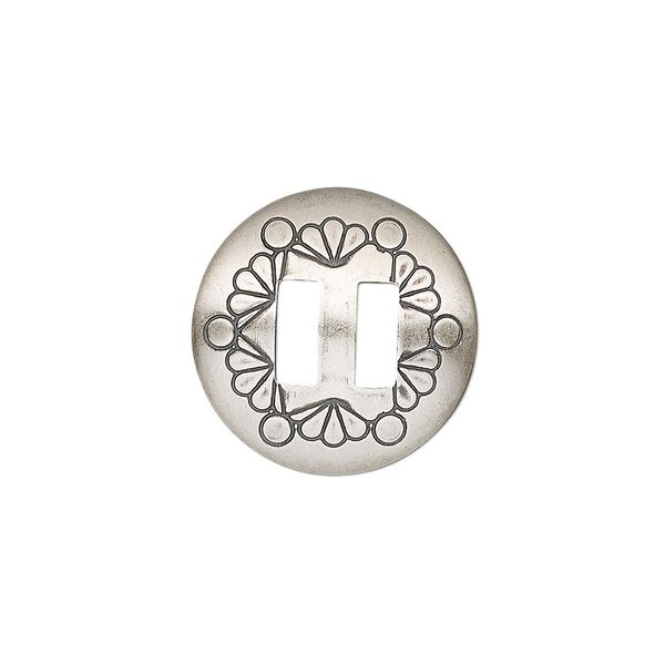 Slide, antiqued sterling silver, 19mm single-sided round Concho with fancy design and 6.5mm bar, 6.5x2.5mm hole. Sold individually. image number 0